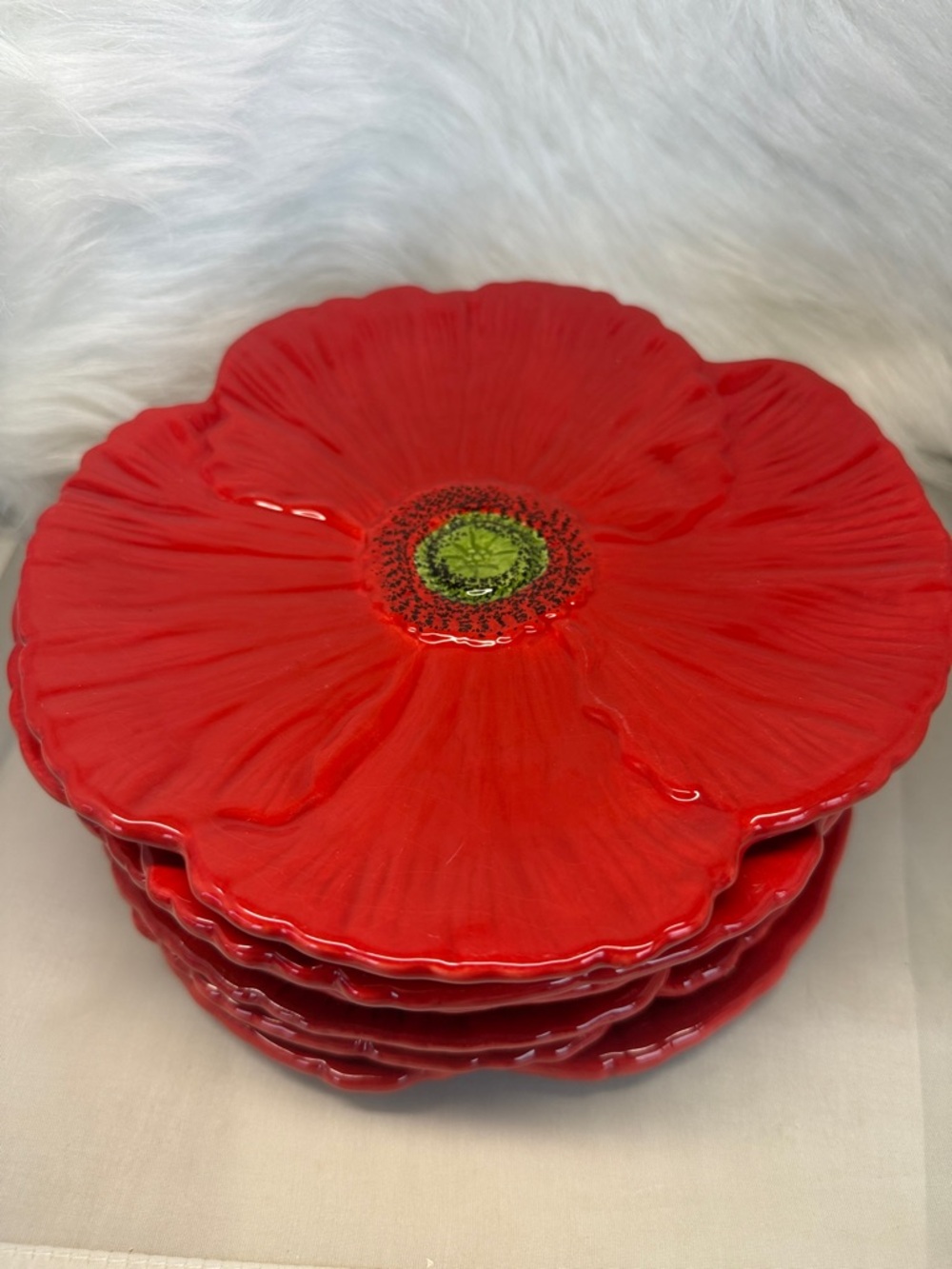 Fleur Rouge Ambiance Red Poppy Flower Ceramic Dessert Plates - Set of 8